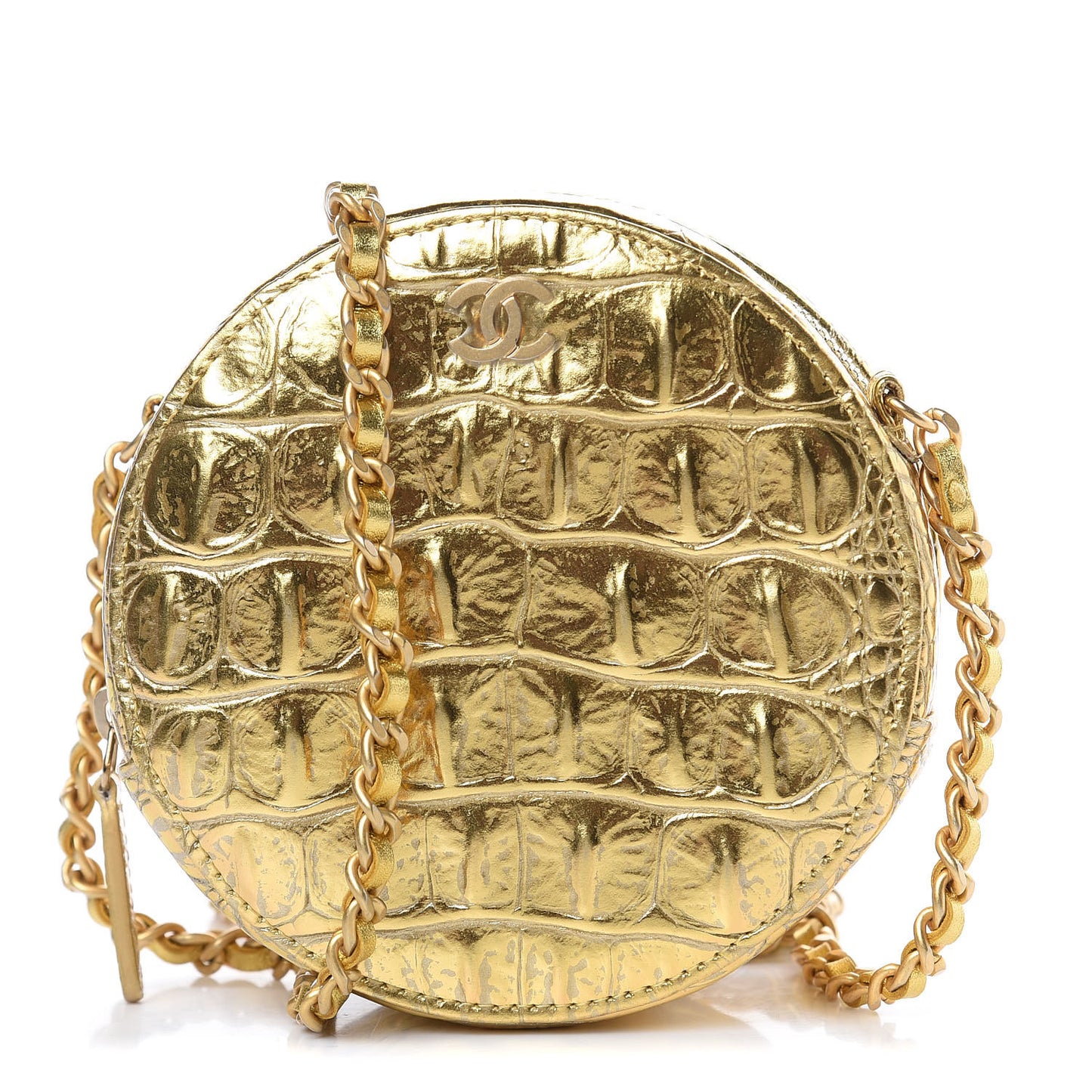 Metallic Calfskin Crocodile Embossed Cocodile Round Clutch with Chain Gold
