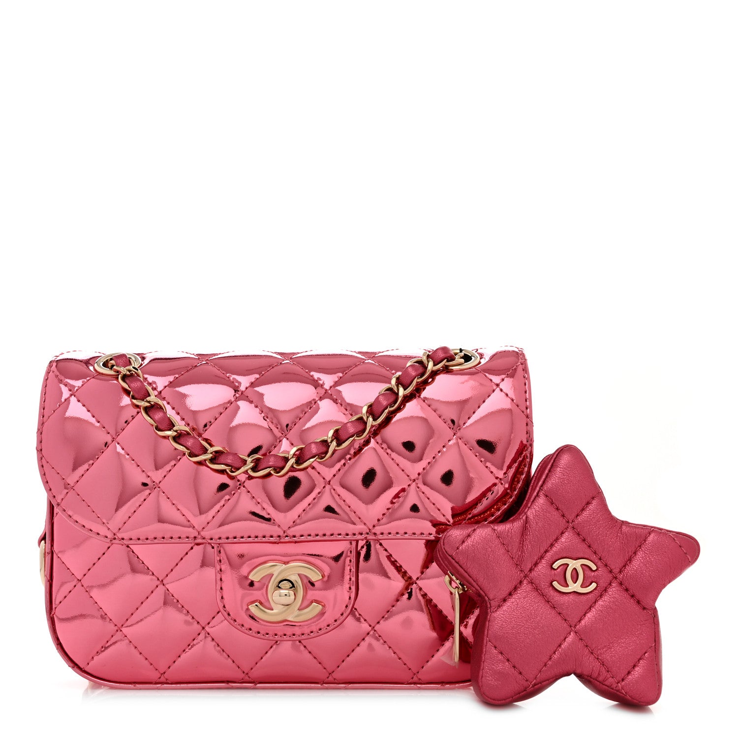 CHANEL Mirror Calfskin Metallic Calfskin Quilted Hollywood Boulevard Mini Flap With Star Coin Purse Pink by FASHIONPHILE