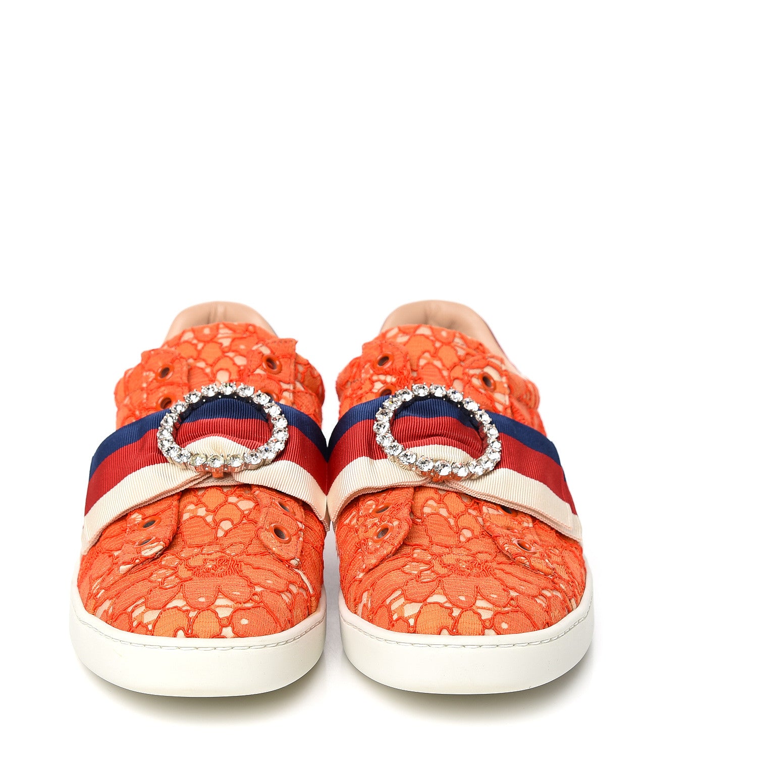 Gucci Lace Crystal Sylvie Web Flower Leaf Womens Ace Sneakers 38 Hot Orange Tan Beige 2 of 8