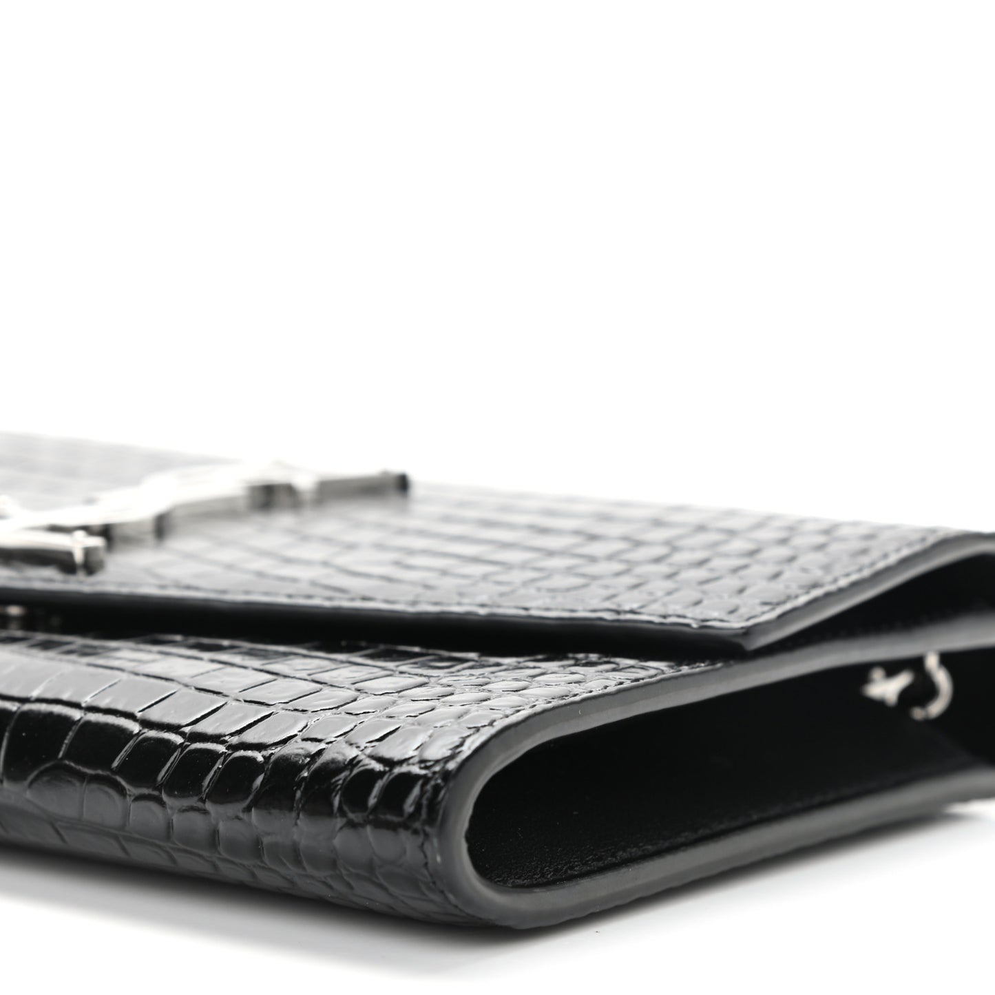 Calfskin Crocodile Embossed Monogram Uptown Chain Wallet Black