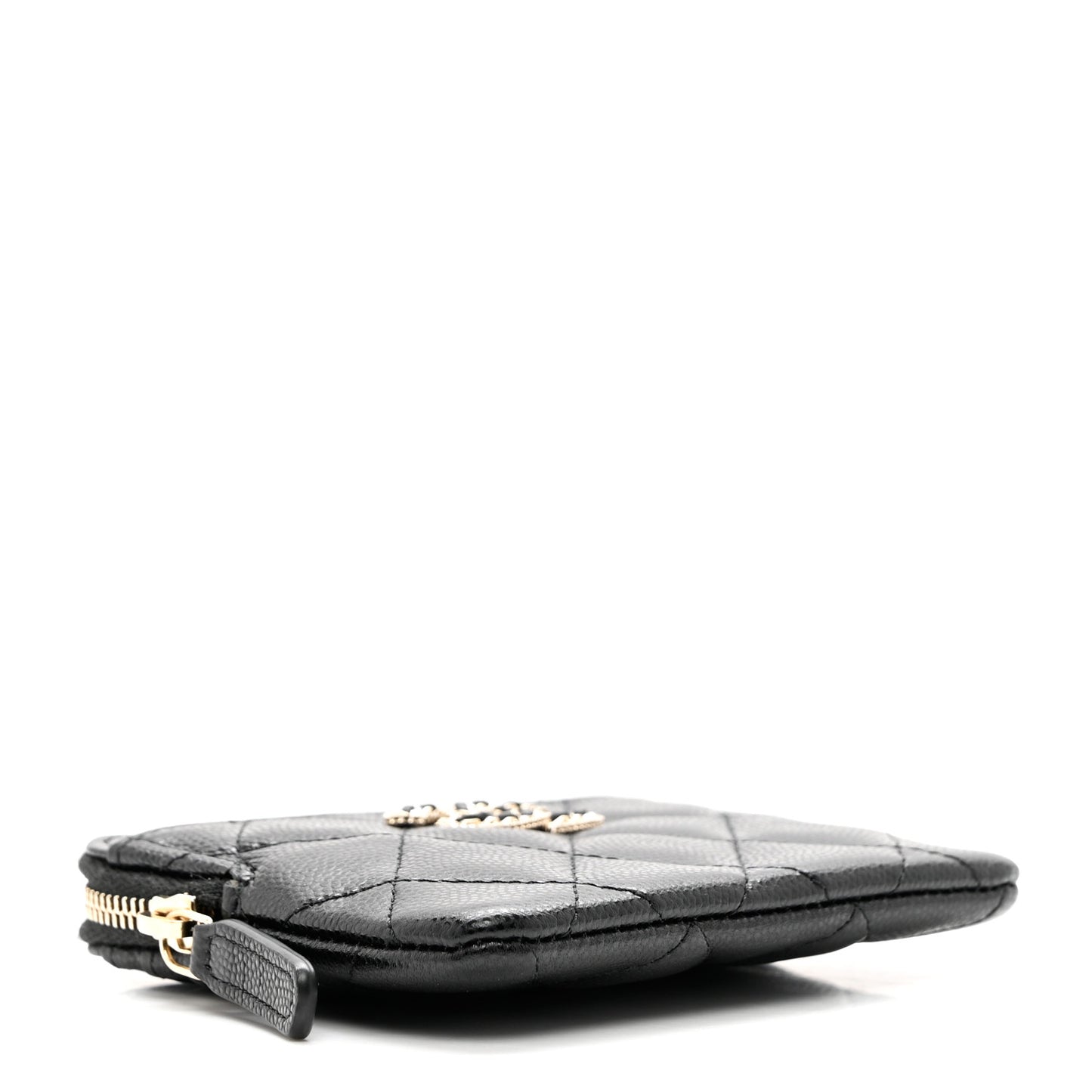 Caviar Quilted Crystal Zip Card Holder Wallet Black