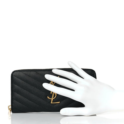 Saint Laurent Grain De Poudre Matelasse Chevron Monogram Zip Around Wallet Black 2 of 10
