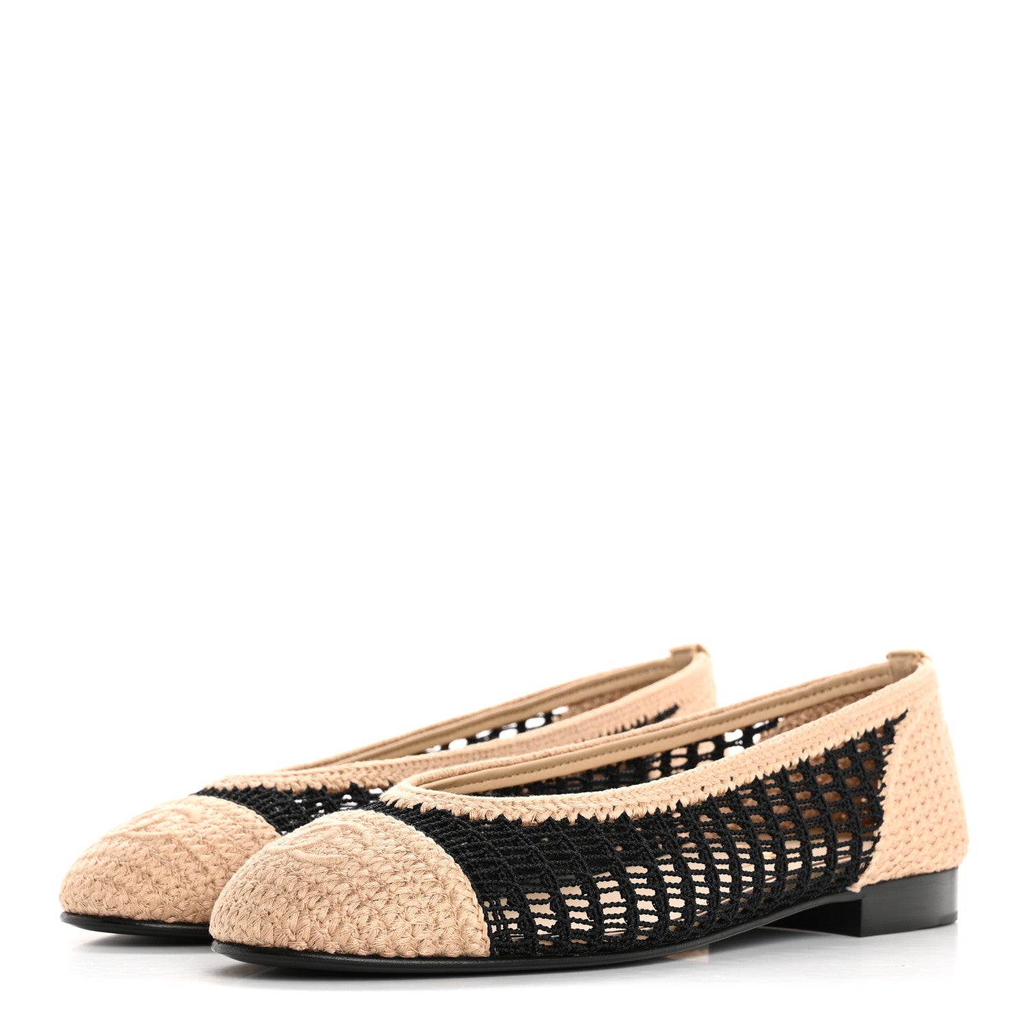 Chanel Raffia Cap Toe Ballerina Flats 37.5 Black Beige 4 of 9