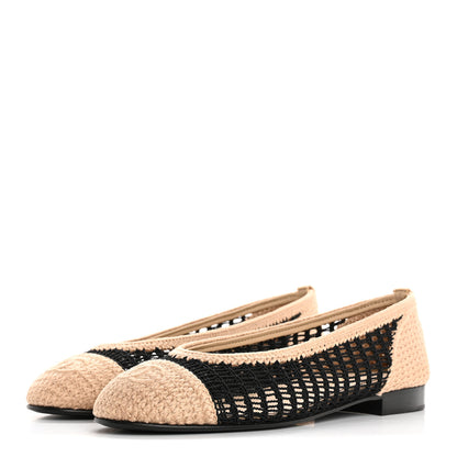 Chanel Raffia Cap Toe Ballerina Flats 37.5 Black Beige 4 of 9
