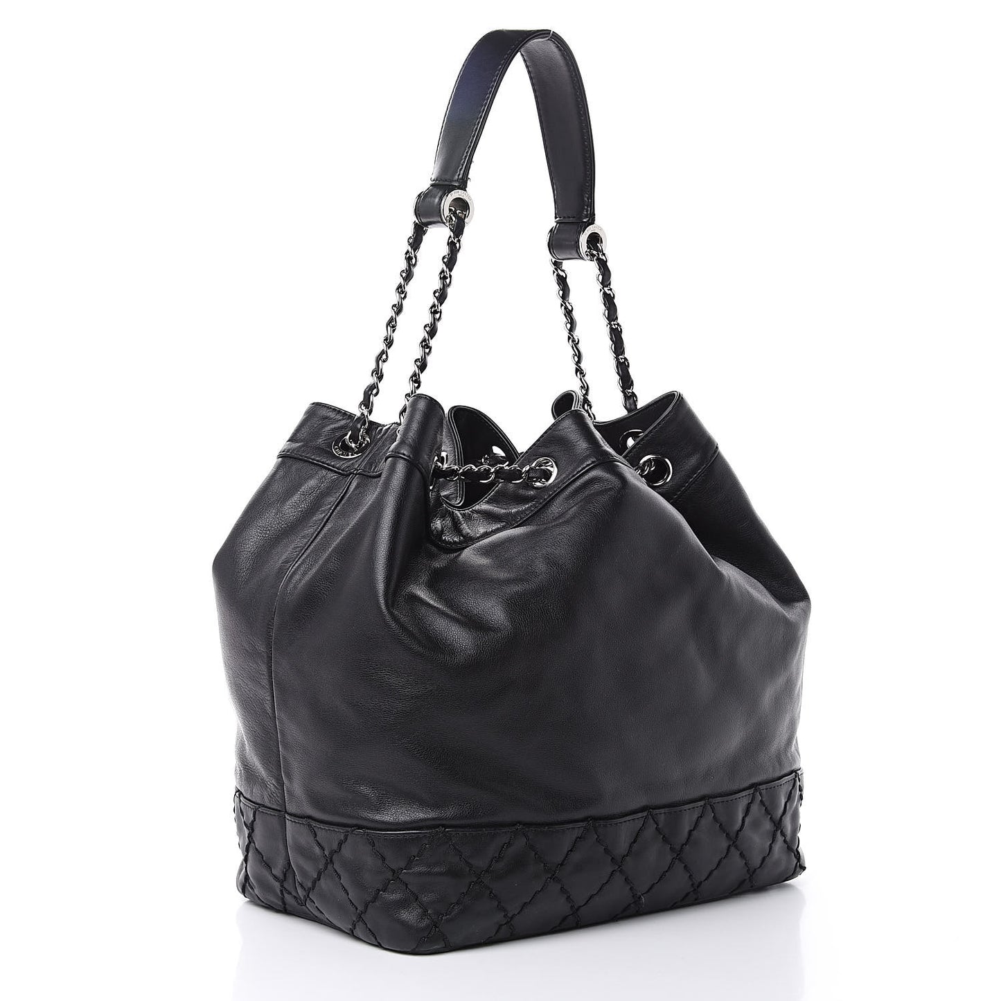 Calfskin Drawstring CC Bucket Bag Black