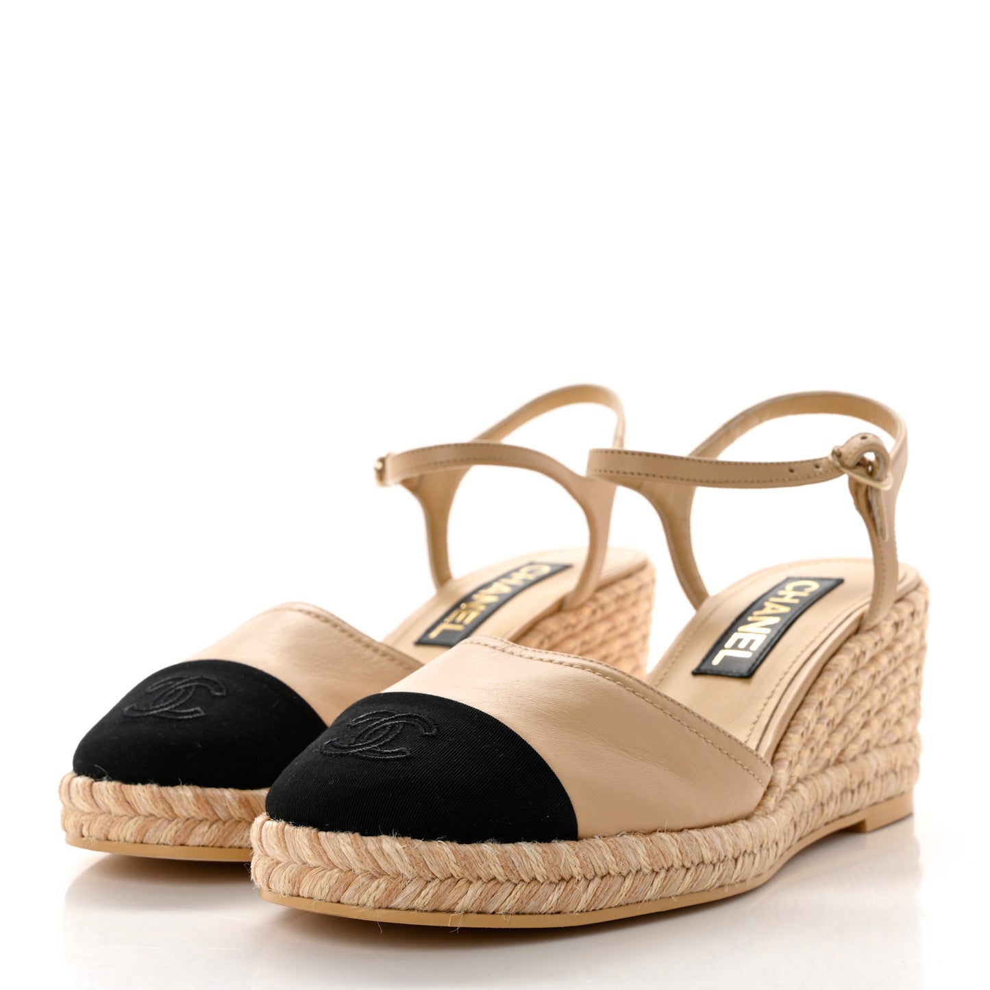 Lambskin Grosgrain CC Espadrilles Wedges 40 Beige Black