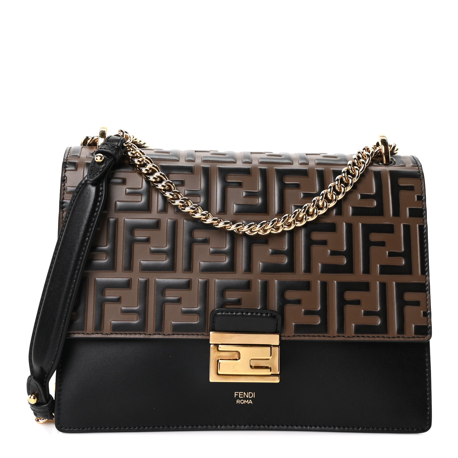 Fendi Vitello Liberty Bi-Color FF 1974 Embossed Chain Strap Kan U Shoulder Bag Black Maya 1 of 10