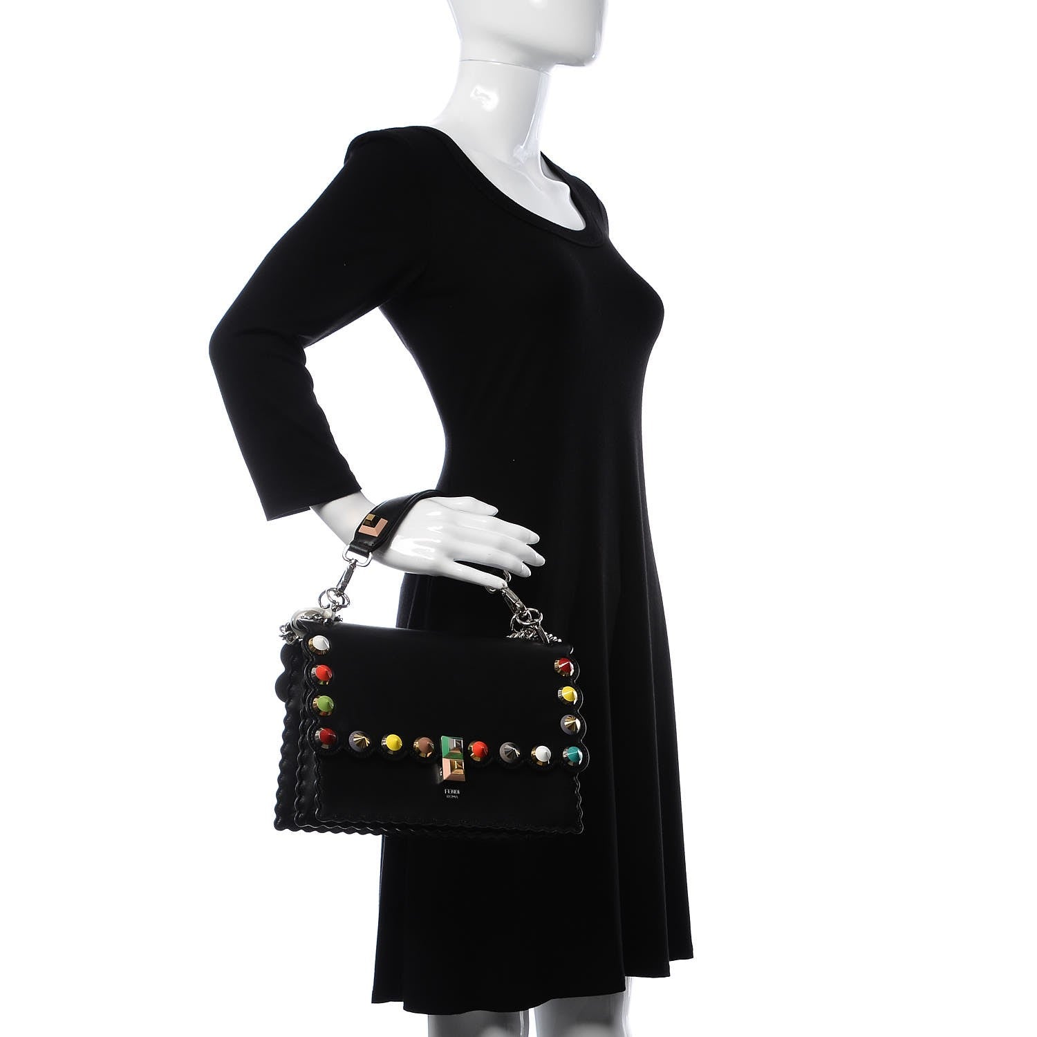 Fendi Vitello Liberty Scalloped Spike Studded Kan I Shoulder Bag Black Multicolor 3 of 11
