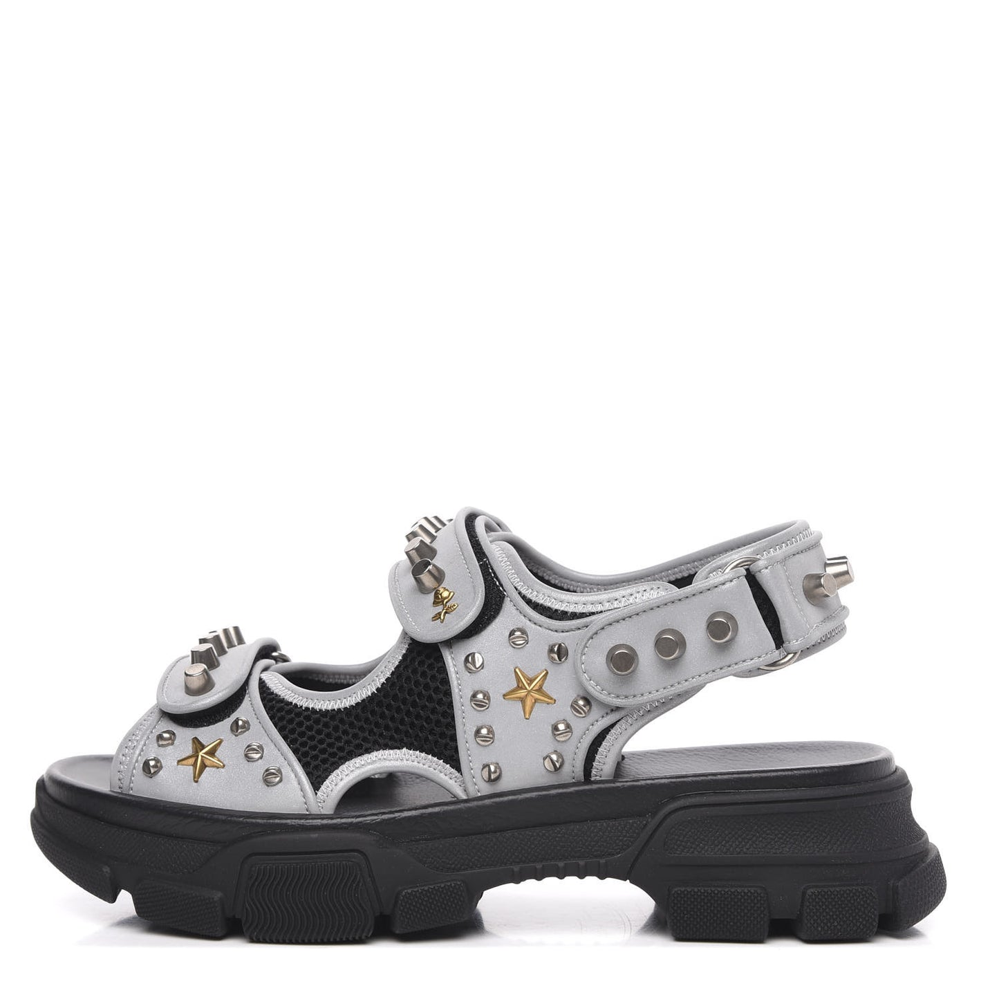 Technical Canvas Calfskin Reflective Studded Mens Aguru Sandals 8 Silver Black
