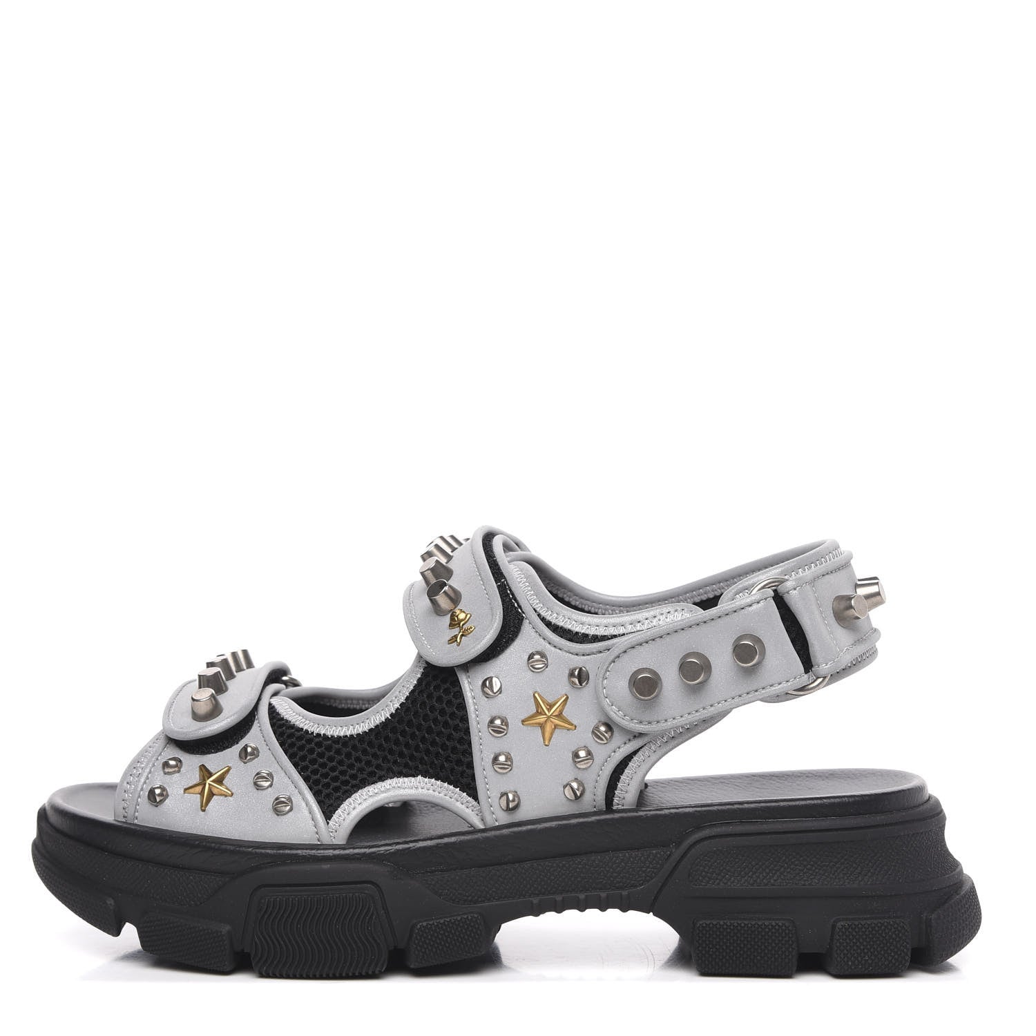 Gucci Technical Canvas Calfskin Reflective Studded Mens Aguru Sandals 8 Silver Black 1 of 8