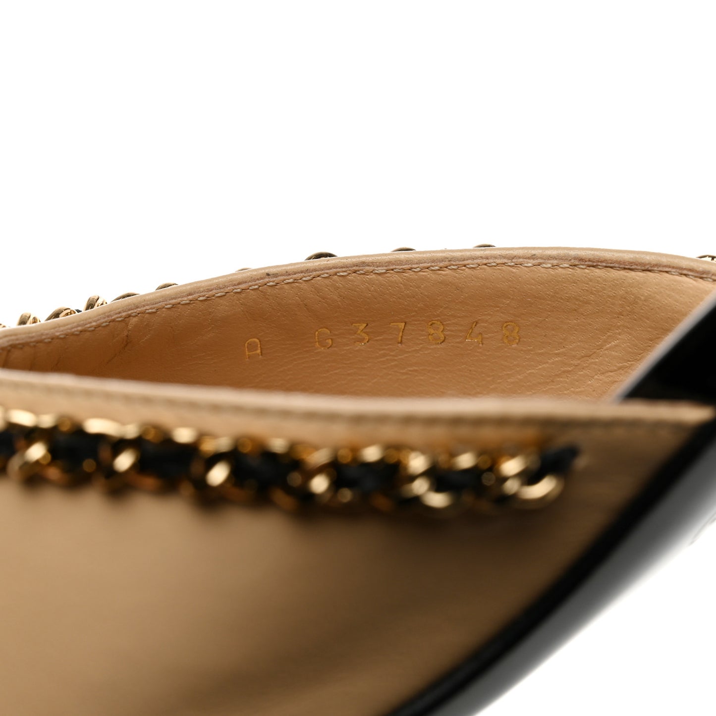 Lambskin Patent Cap Toe Chain Mule 37.5 Beige Black