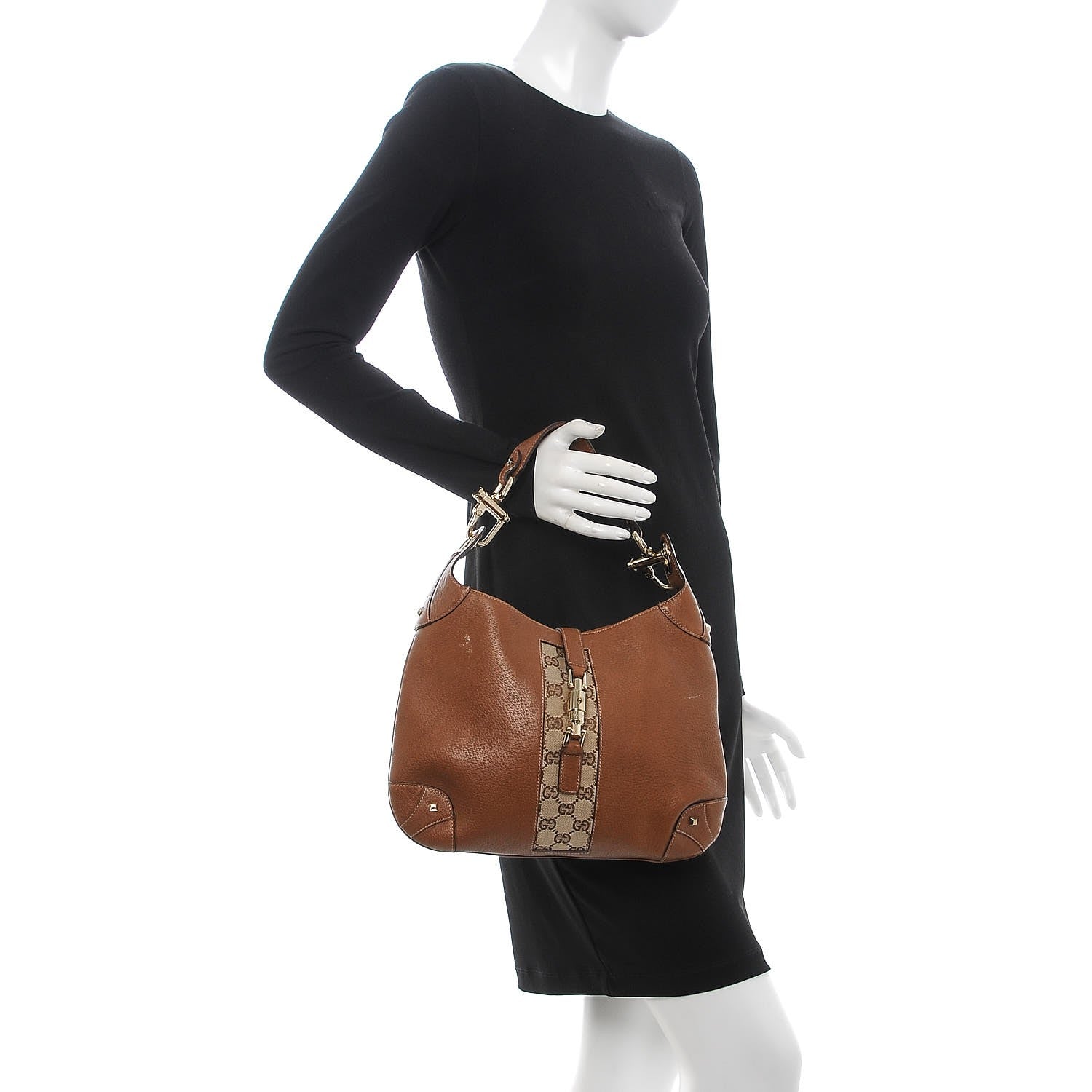 Gucci Calfskin Monogram Piston Lock Jackie O Hobo Tan 2 of 15