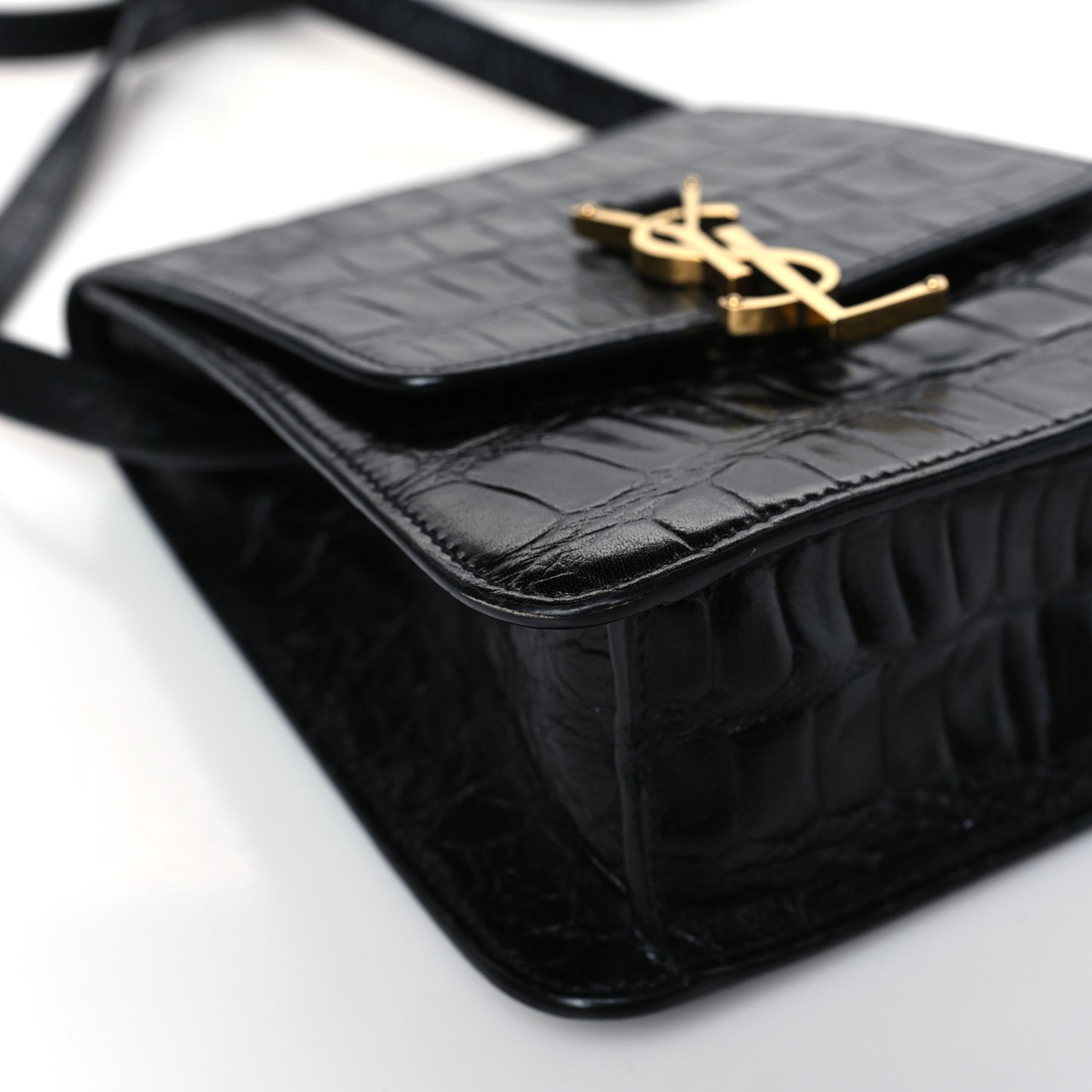 Calfskin Embossed Crocodile North South Kaia Satchel Black