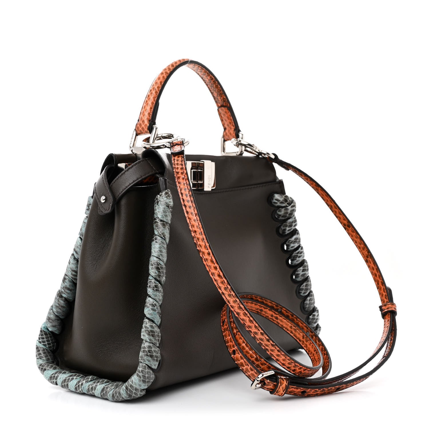 Fendi Calfskin Elaphe Lace Up Selleria Mini Peekaboo Iconic Satchel Verde Prato Arancio 3 of 13