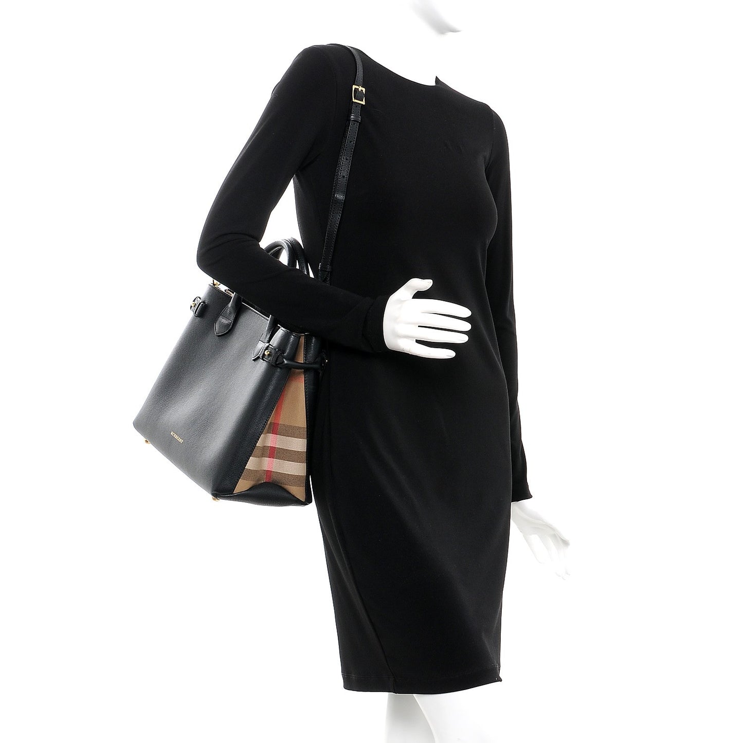 Calfskin House Check Medium Banner Tote Black