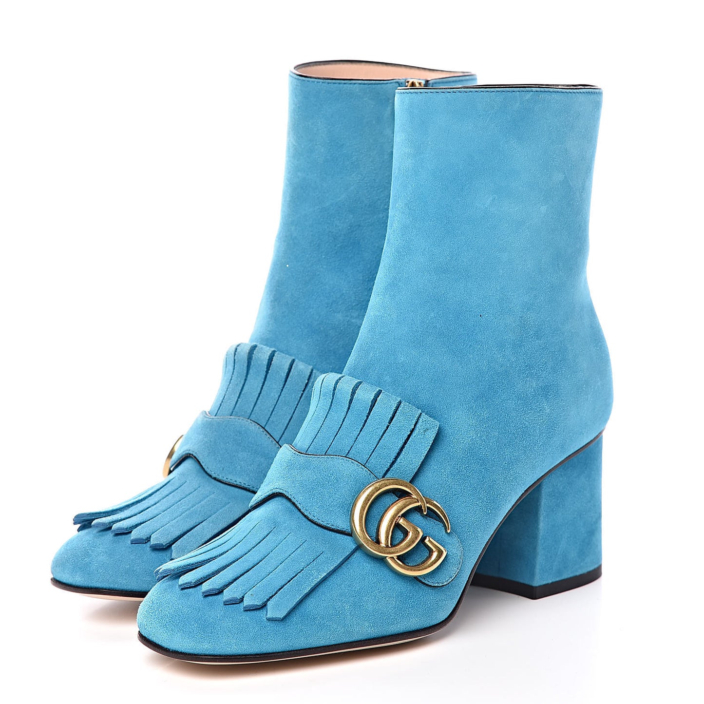 Kid Scamosciato GG Marmont Fringe 75mm Ankle Boots 35.5 New Bright Turquoise