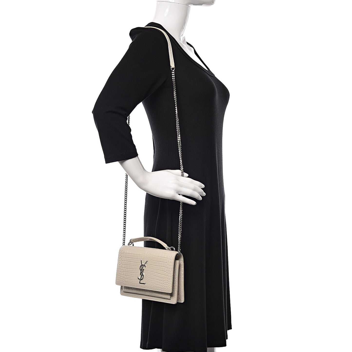 Calfskin Crocodile Embossed Monogram Sunset Chain Wallet Blanc Vintage