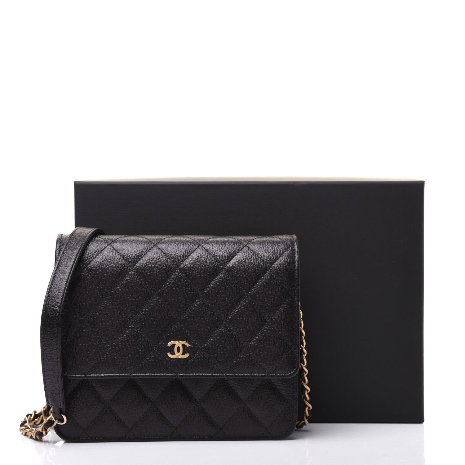 Chanel Letter Calfskin Embossed Quilted Square Wallet On Chain WOC Black 16 of 16