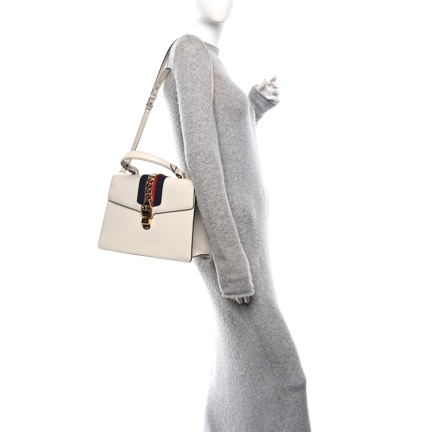 Gucci Calfskin Web Medium Sylvie Top Handle Bag White 2 of 10