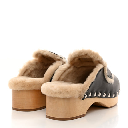 Prada Natural Calfskin Shearling Metal Triangle Logo 45mm Clogs 37 Black Sabbia 4 of 9