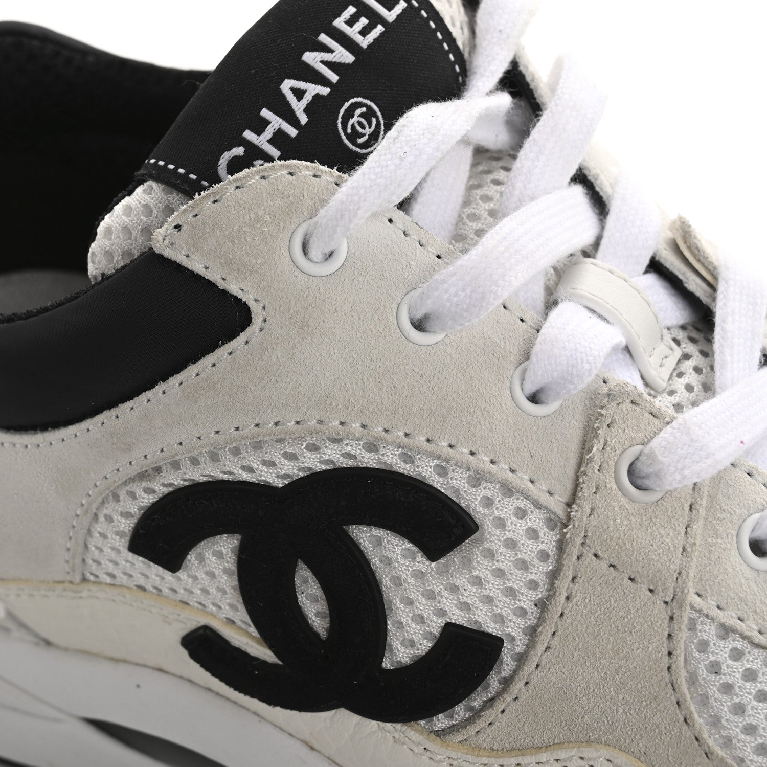Chanel Mesh Suede Calfskin Grained Calfskin Womens CC Sneakers 38 White Black 11 of 14