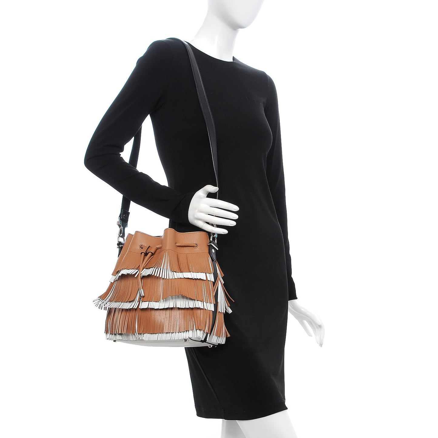Calfskin Medium Fringe Bucket Bag Dune White