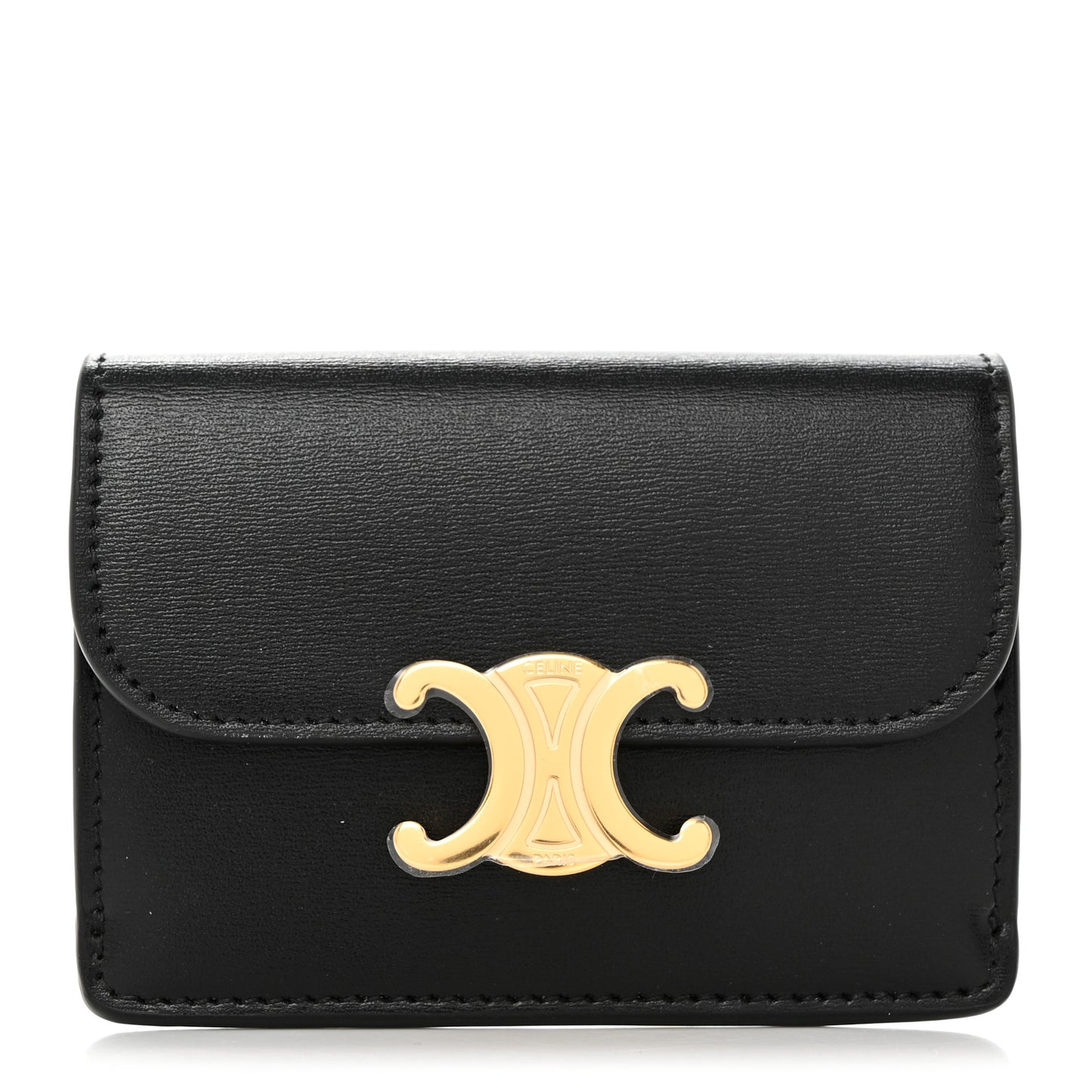 Shiny Calfskin Triomphe Flap Card Holder Black