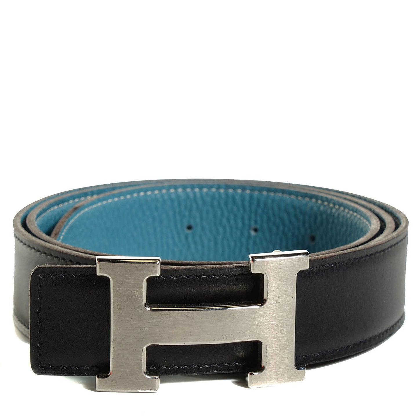 Box Taurillon Clemence 32mm H Belt 95 Black Blue Jean