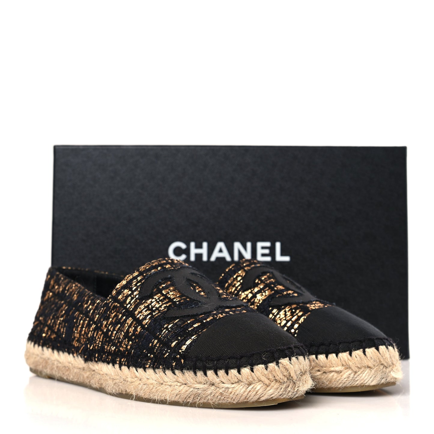 Metallic Tweed Grosgrain CC Espadrilles 36 Black Gold