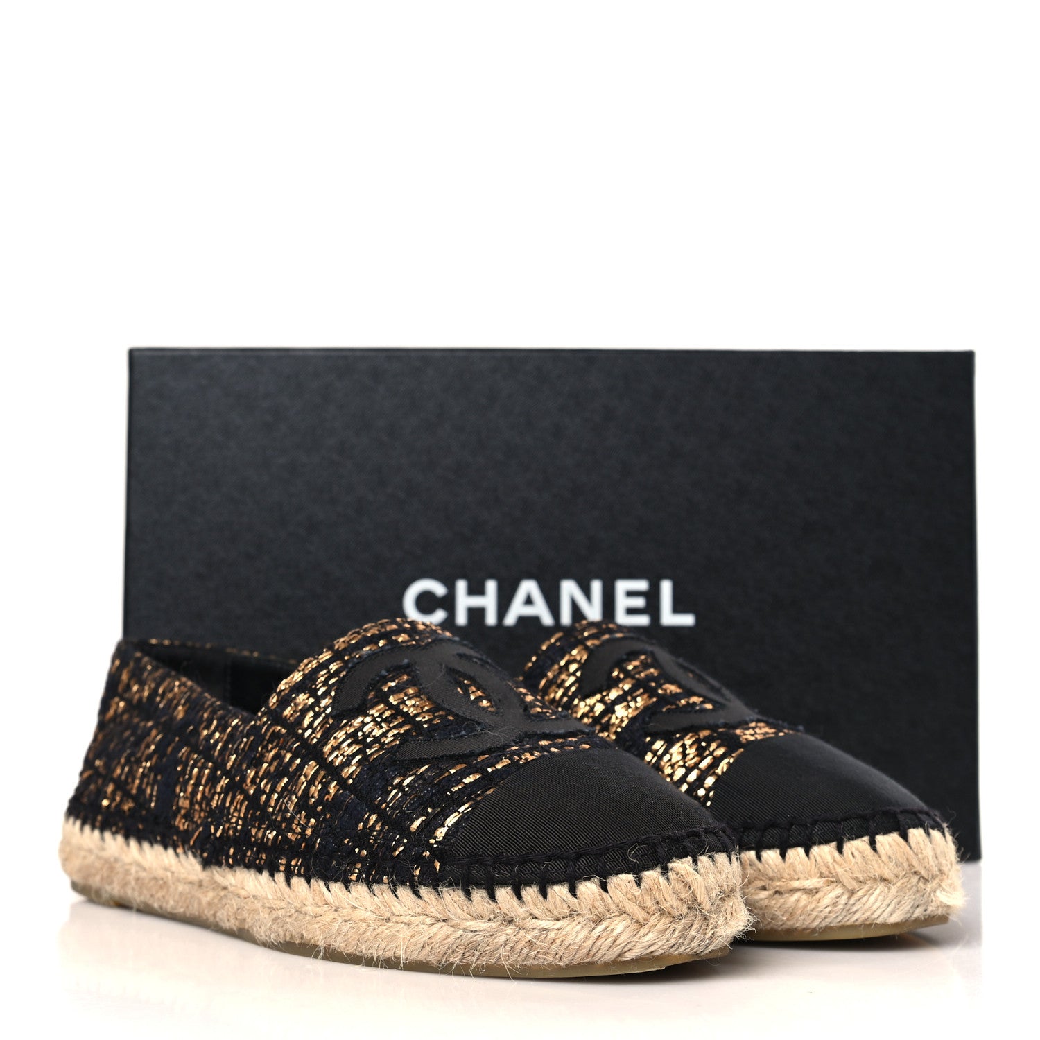 Chanel Metallic Tweed Grosgrain CC Espadrilles 36 Black Gold 8 of 8