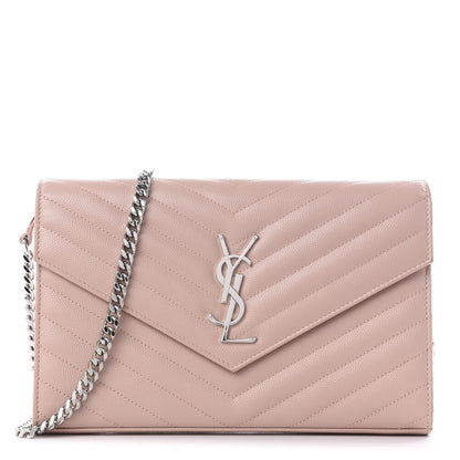 Saint Laurent Grain De Poudre Matelasse Chevron Monogram Chain Wallet Pale Pink 1 of 8