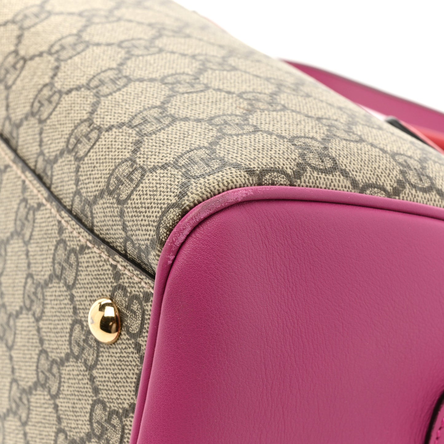 GG Supreme Monogram Moon Calfskin Small Boston Beige Ebony Hibiscus Red New Rosette