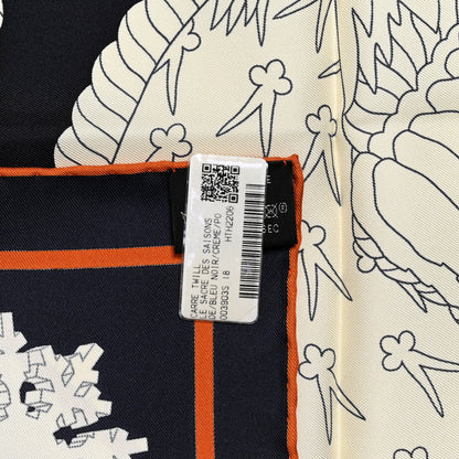 Hermes Silk Twill La Sacre Des Saisons Scarf 90 Bleu Black Creme Potiron 3 of 5