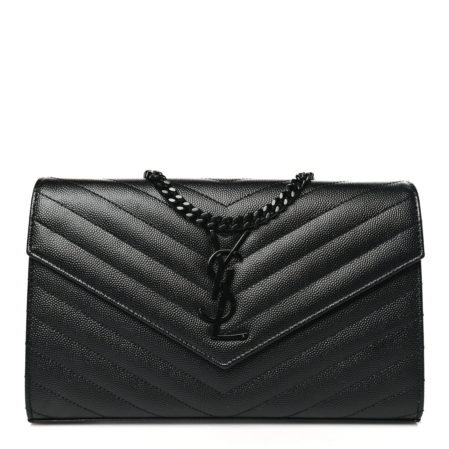 Saint Laurent Grain De Poudre Matelasse Chevron Monogram Monochrome Chain Wallet Black 1 of 10