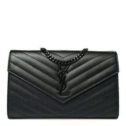 Saint Laurent Grain De Poudre Matelasse Chevron Monogram Monochrome Chain Wallet Black 1 of 10
