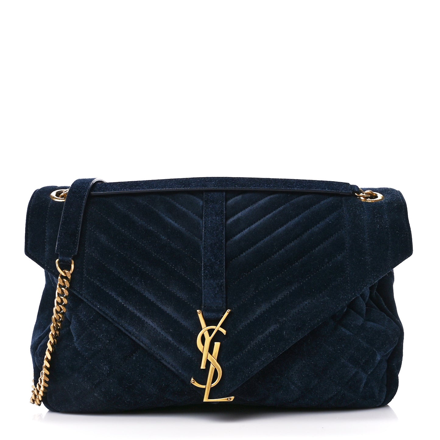 Suede Mixed Matelasse Tri-Quilt Large Monogram Envelope Satchel Navy Blue