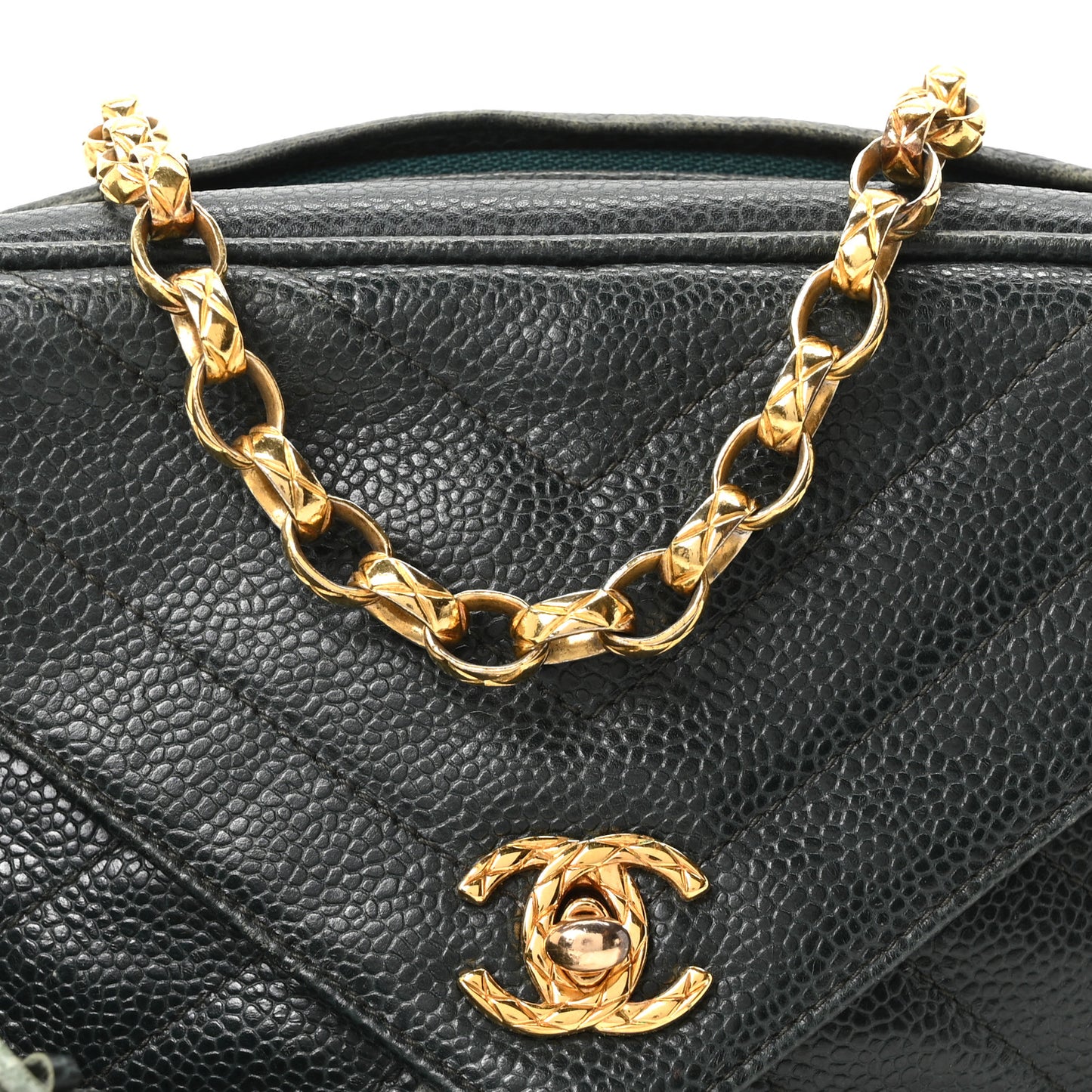 Caviar Chevron Quilted Tassel Camera Case Dark Green