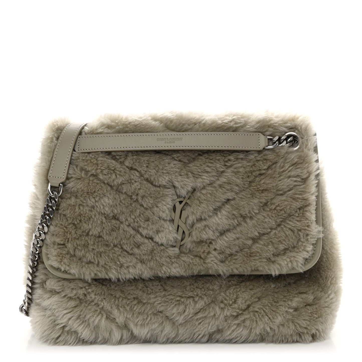 Calfskin Shearling Monogram Medium Niki Chain Satchel Grey