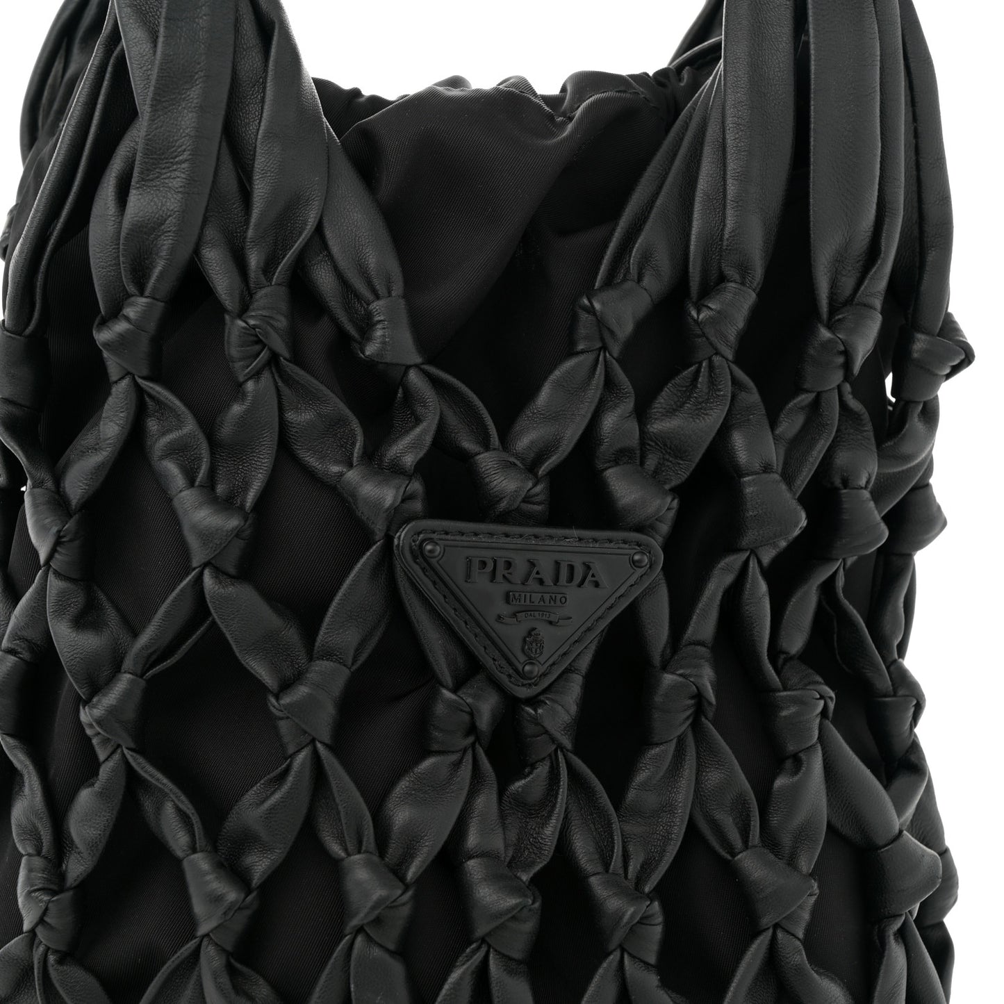 Nylon Calfskin Rete Top Handle Bag Black