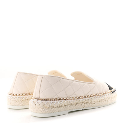 Chanel Shiny Lambskin Quilted Grosgrain Cap Toe CC Chain Espadrilles 37 White Black 5 of 10