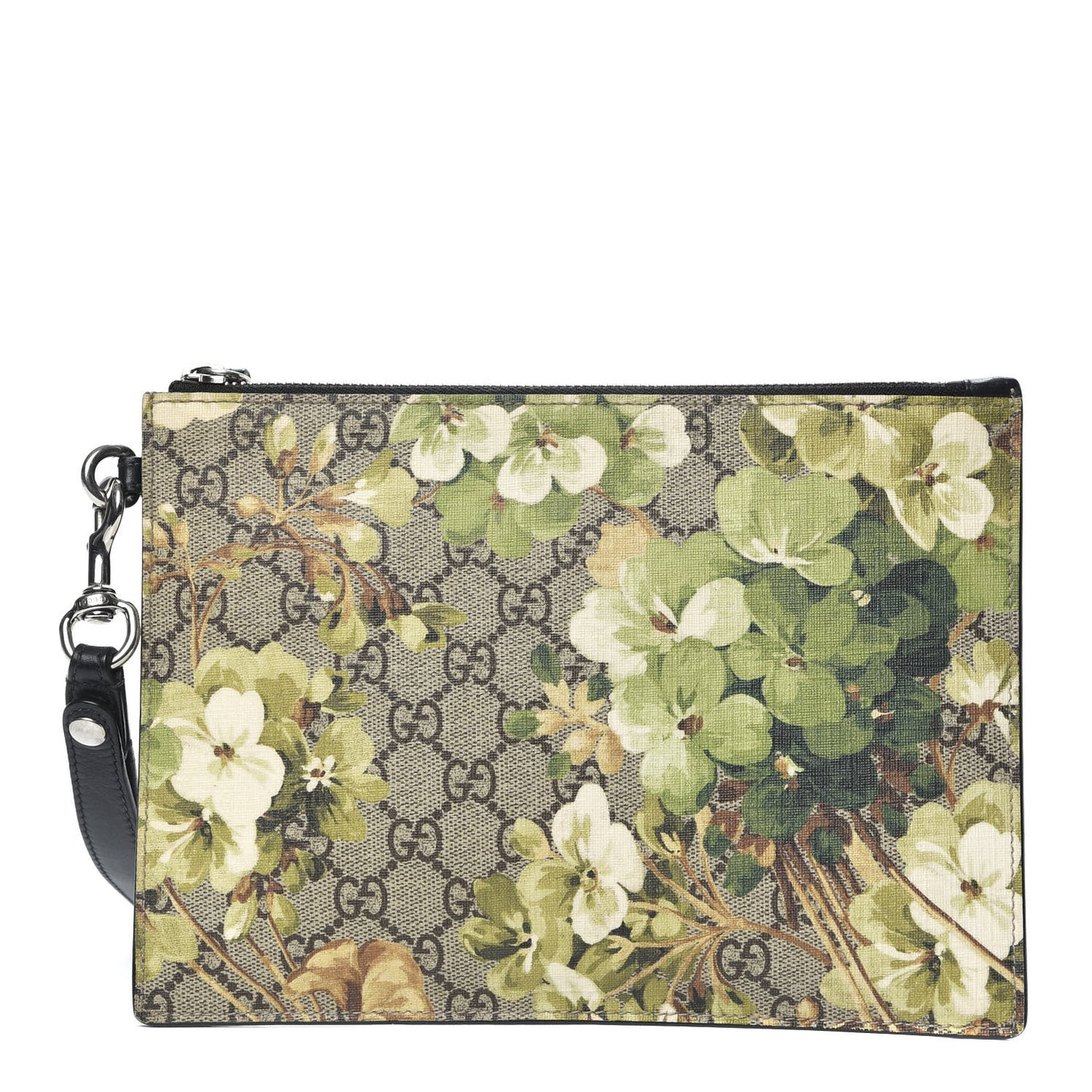 GG Supreme Monogram Blooms Small Zip Wristlet Pouch Beige New Military Black