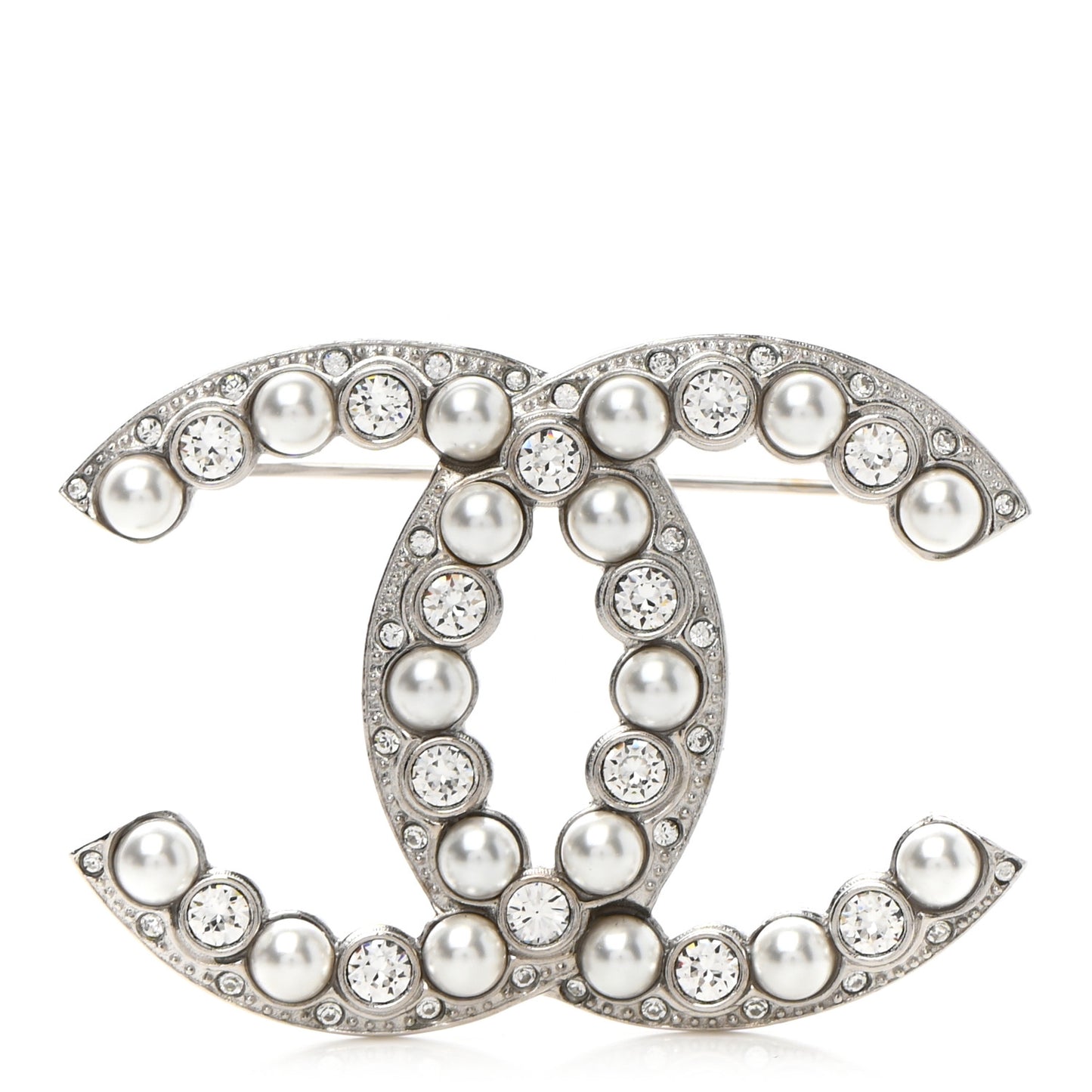 Pearl Crystal CC Brooch Silver