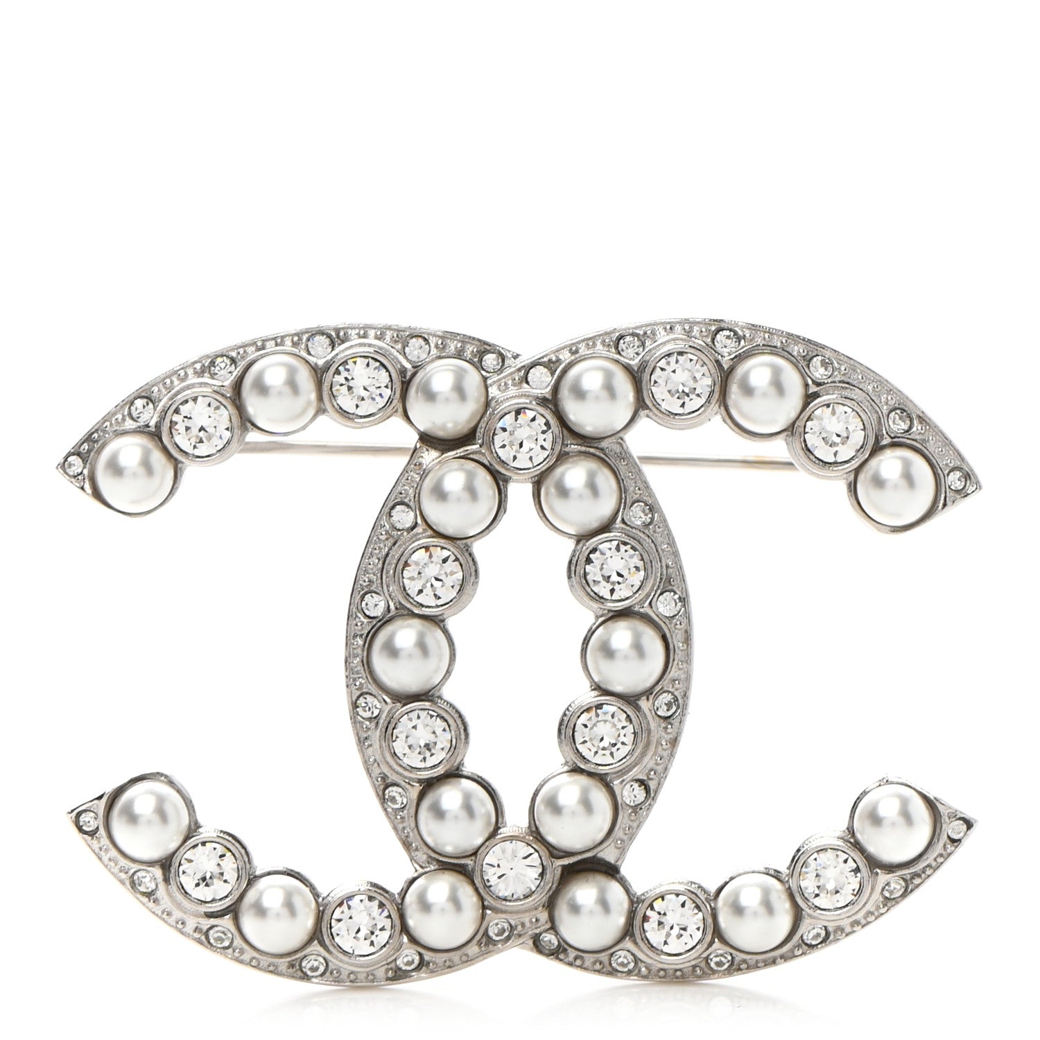 Chanel Pearl Crystal CC Brooch Silver 1 of 5