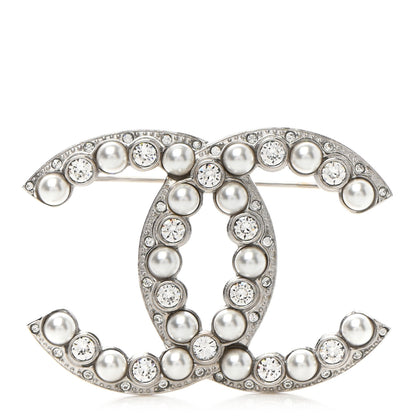 Chanel Pearl Crystal CC Brooch Silver 1 of 5