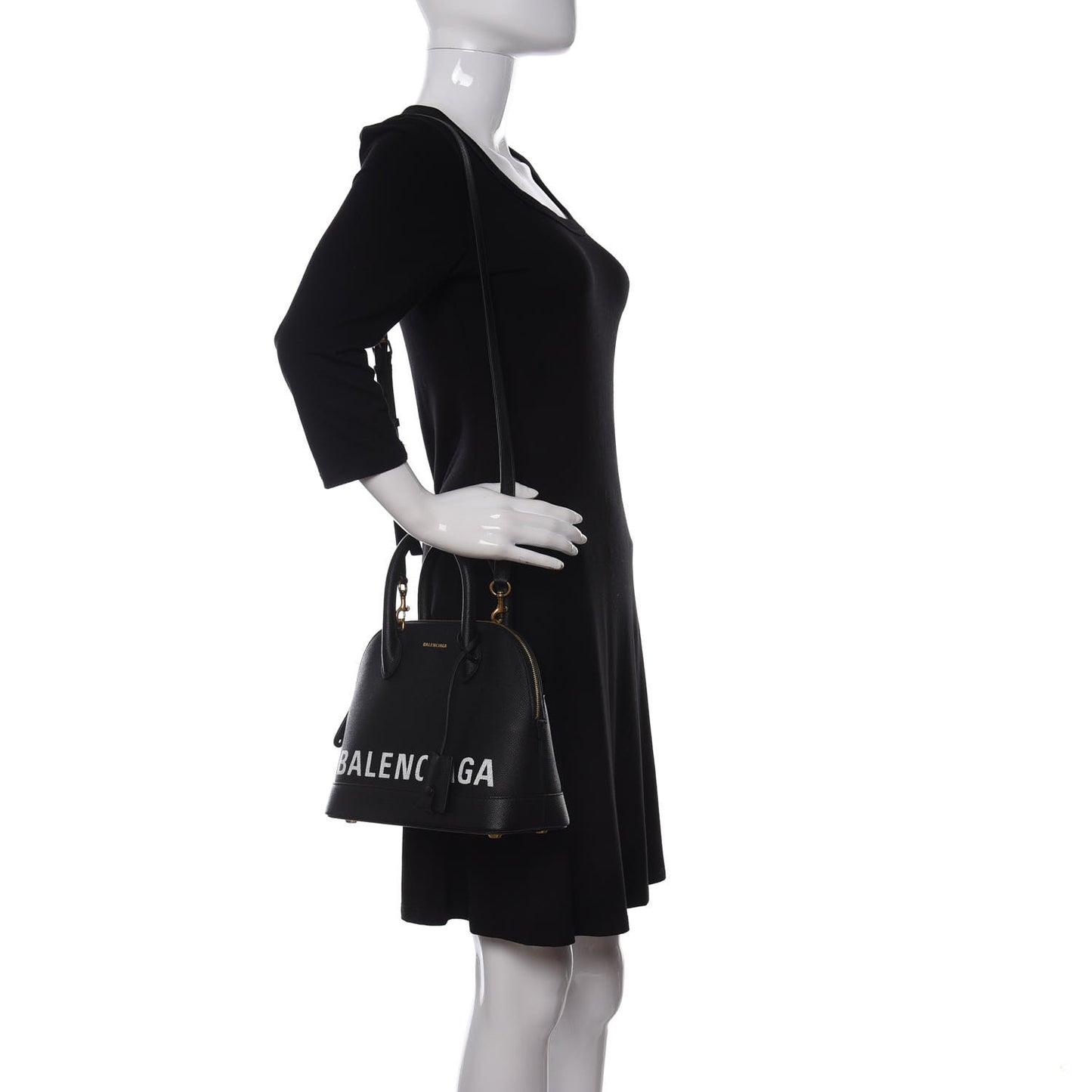 Signature Grained Calfskin Logo S Ville Top Handle Bag Black White