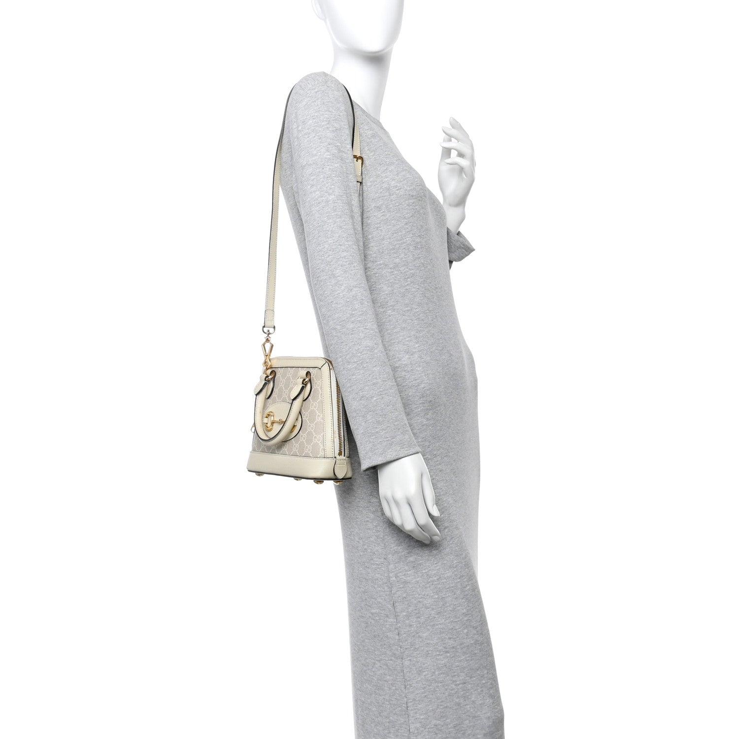 Gucci GG Supreme Monogram Textured Dollar Calfskin Mini Horsebit 1955 Top Handle Bag Beige Mystic White Oatmeal 2 of 13