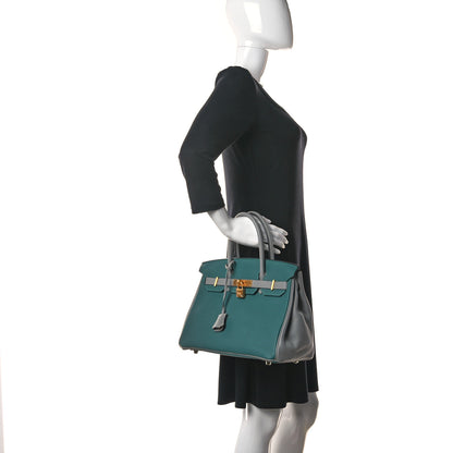Hermes Togo Bi-Color Horseshoe Birkin 30 Malachite Gris Mouette 2 of 17