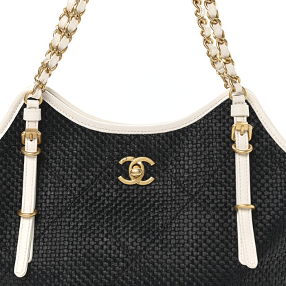 Chanel Calfskin Raffia Braided Small Shopping Tote Black White 15 of 21