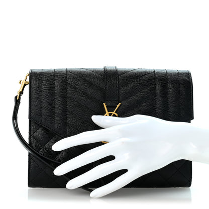 Saint Laurent Grain De Poudre Textured Mixed Matelasse Triquilt Monogram Clutch Black 2 of 13