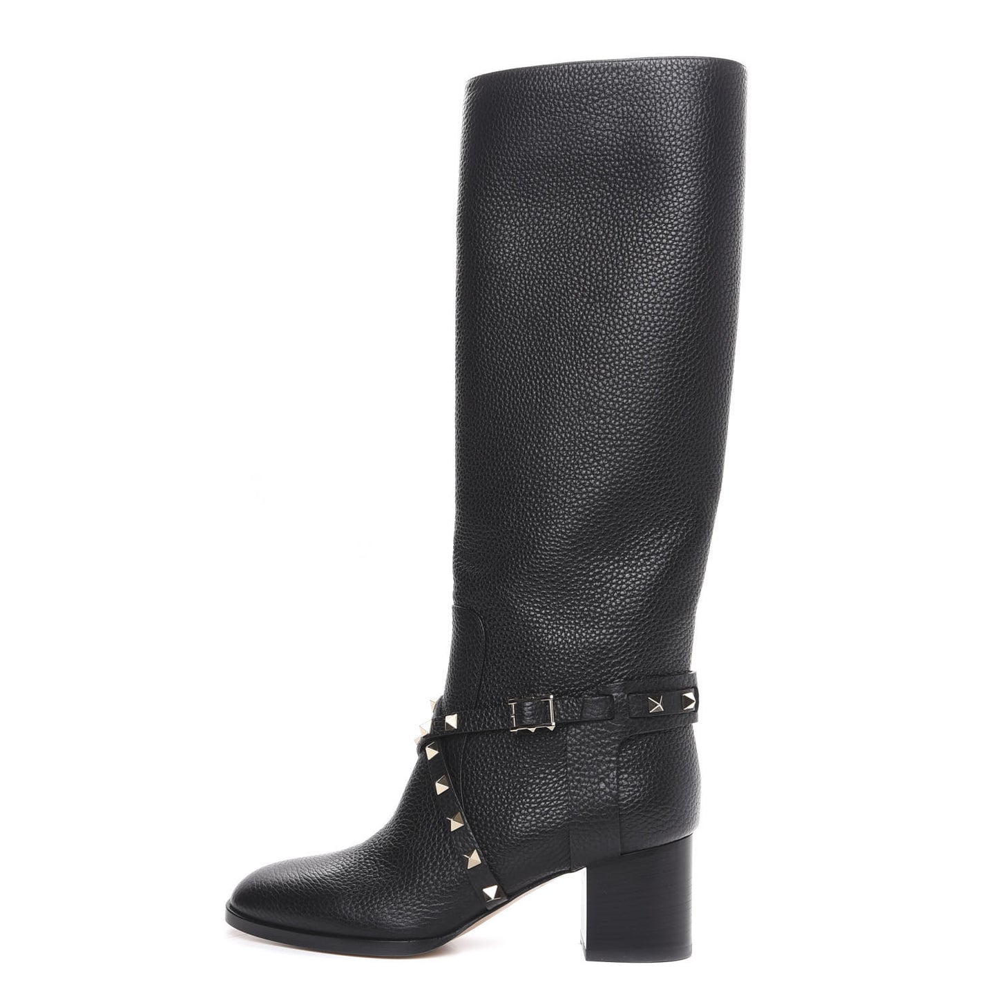 Pebbled Calfskin Rockstud Knee High Block Heel 60mm Boots 37 Black